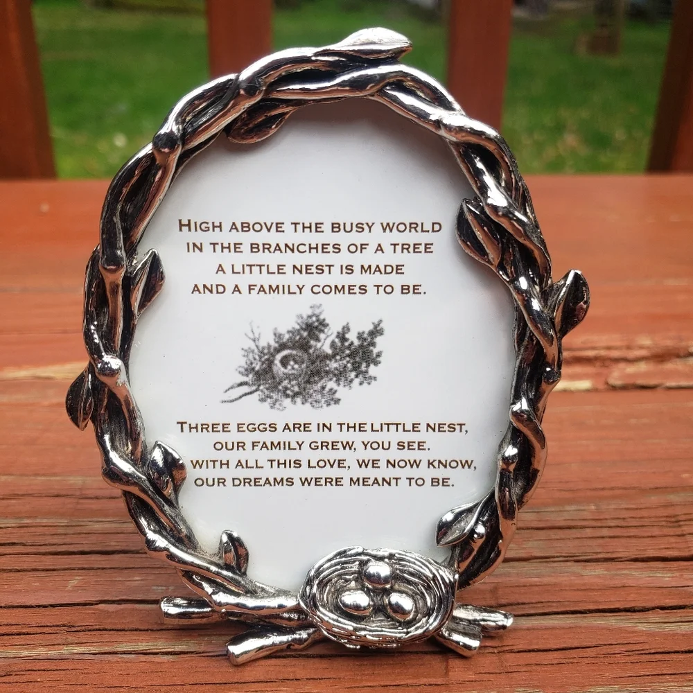 Bird Nest, Branches and Eggs Silver Picture Frame- Free Standing - 4.5